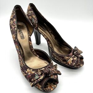 Unlisted Kenneth Cole Brown Floral Tapestry Coquette Regency Bow Heels Shoes 10